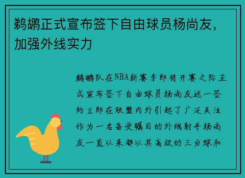 鹈鹕正式宣布签下自由球员杨尚友，加强外线实力